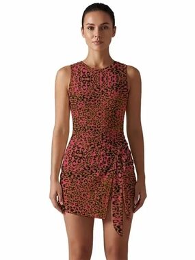 Sleeveless Pink Leopard-Print Tie-Waist Mini Dress